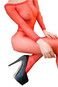 Blancho SE-147-RED Stylish Sheer Open Crotch Body Stocking - Red - Medium